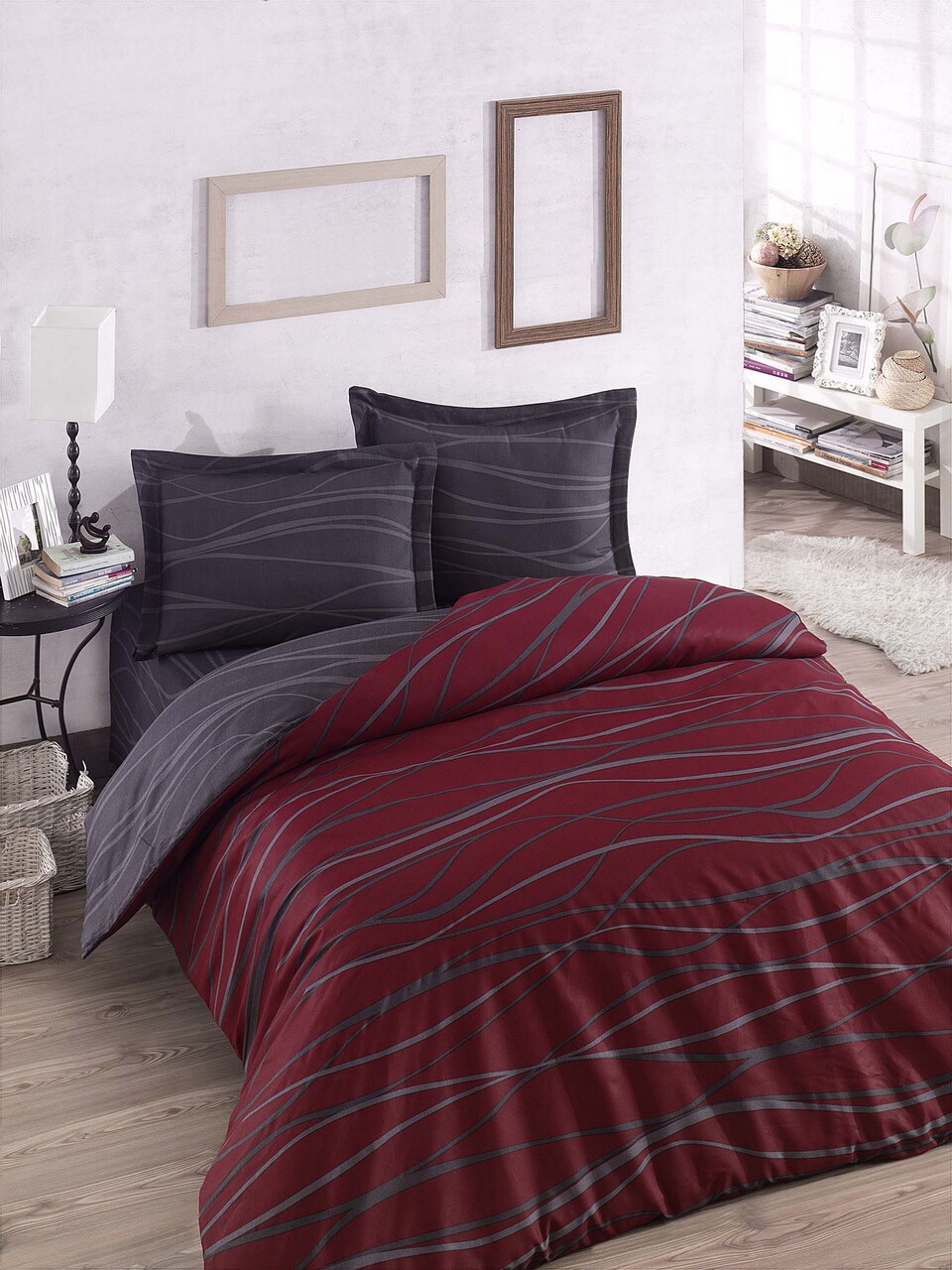 Lenjerie de pat dubla king size, Eponj Home, Verda 143EPJ51836, 3 piese, amestec bumbac, visiniu/antracit - imagine 6